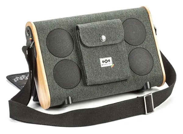 House of Marley Roots Rock draadloze Bluetooth-speaker, grijs met hout en schouderband, voorkant