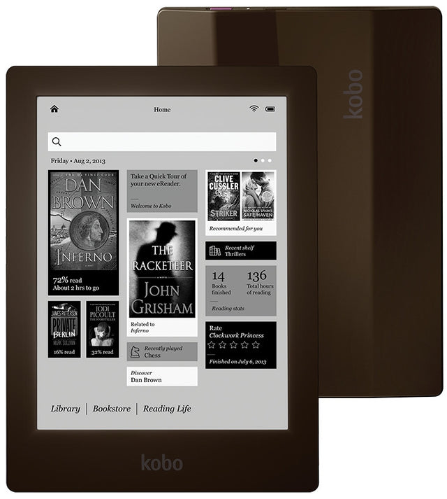 Kobo Aura HD e-reader 6,8 inch, bruin, voorkant met startscherm en achterkant, tweedehands