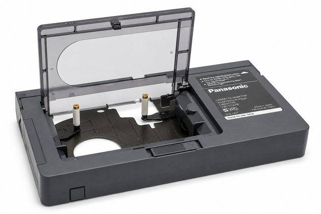 Panasonic S-VHS-C cassette adapter voor VHS videorecorder, zwart, met geopende klep, tweedehands