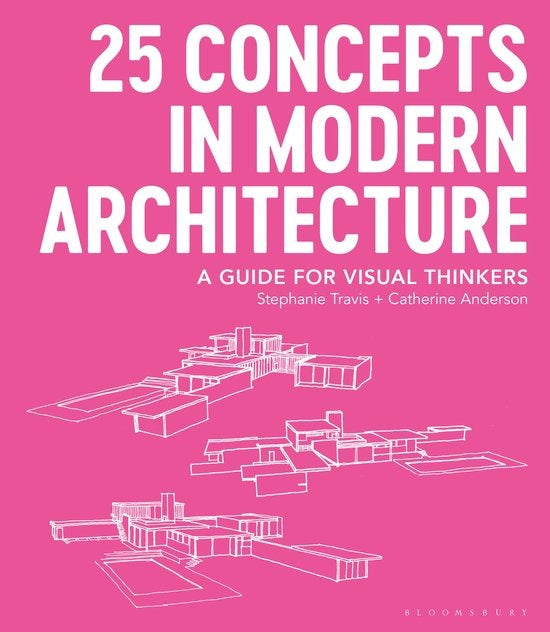25 Concepts in Modern Architecture, Stephanie Travis, roze omslag met lijntekeningen van gebouwen, tweedehands
