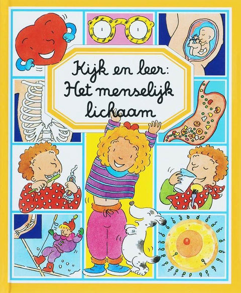 Kijk en leer: Het menselijk lichaam, Émilie Beaumont, gele omslag met getekende kinderen en een skelet, tweedehands