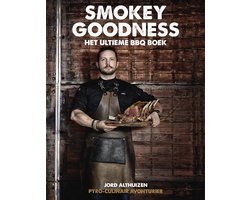 Smokey Goodness, Jord Althuizen, het ultieme BBQ boek, omslag met een man in een leren schort met een plank, tweedehands