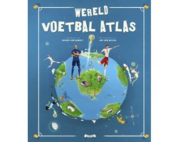 Wereld Voetbal Atlas, blauwe boekomslag voorkant met getekende wereldbol en voetballers, tweedehands