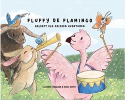 Fluffy de Flamingo, Lucienne Draaijer e.a., omslag met een roze flamingo met trommel en andere dieren, tweedehands