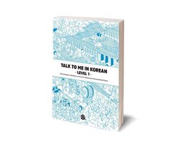 Talk to Me in Korean Level 1, boekomslag voorkant met een blauwe lijnillustratie, tweedehands
