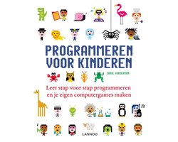 Programmeren voor kinderen, Carol Vorderman, boekomslag voorkant met kleurrijke pixelfiguren, tweedehands