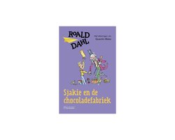 Sjakie en de chocoladefabriek, Roald Dahl, paarse boekomslag voorkant met tekening van Quentin Blake, tweedehands