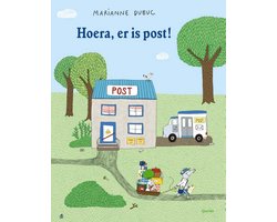 Hoera, er is post!, Marianne Dubuc, boekomslag voorkant met een postkantoortje en postbode, tweedehands