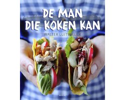 De man die koken kan, Walter Luitwieler, omslag met twee handen die gevulde taco's vasthouden, tweedehands