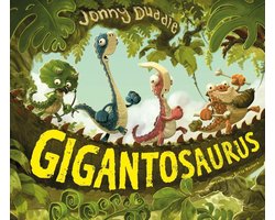 Gigantosaurus, Jonny Duddle, boekomslag voorkant met getekende dinosaurusjes in de jungle, tweedehands