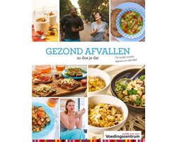 Gezond afvallen, Stichting Voedingscentrum Nederland, boekomslag voorkant met een collage van gerechten, tweedehands