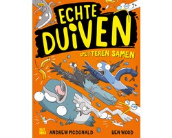 Echte Duiven 4, spetteren samen, Andrew McDonald, boekomslag voorkant met cartoonduiven op oranje, tweedehands