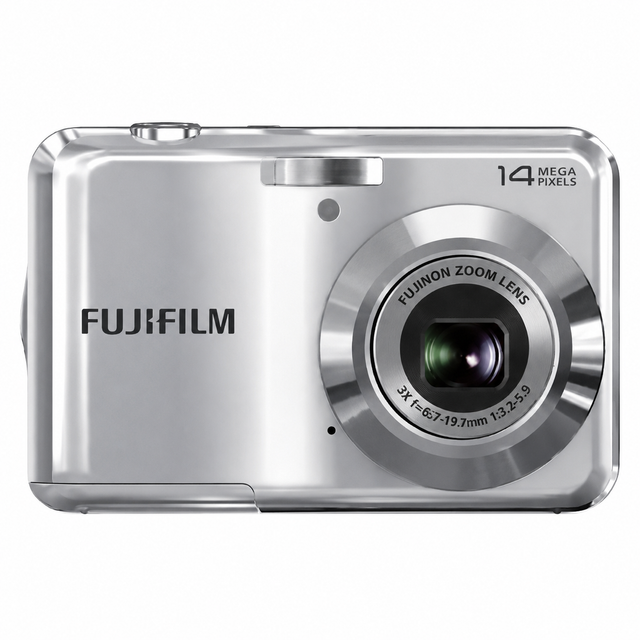 Fujifilm FinePix AV150 compactcamera, zilver, voorkant met 3x Fujinon-zoomlens en opschrift 14 megapixels, tweedehands