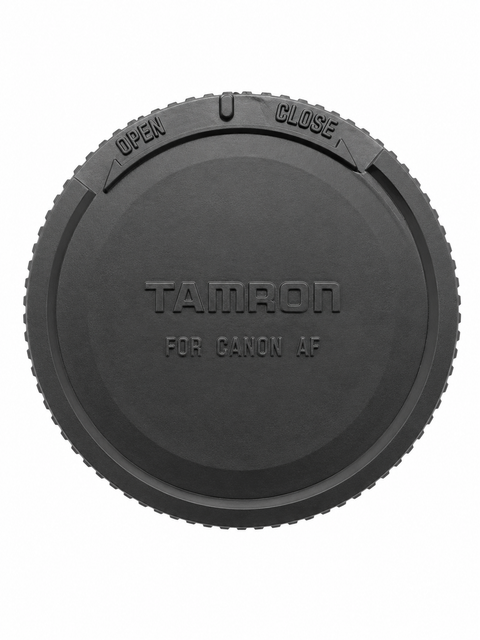 Tamron achterlensdop voor Canon EF, zwart, dop van boven met opschrift Tamron For Canon AF en Open Close, tweedehands