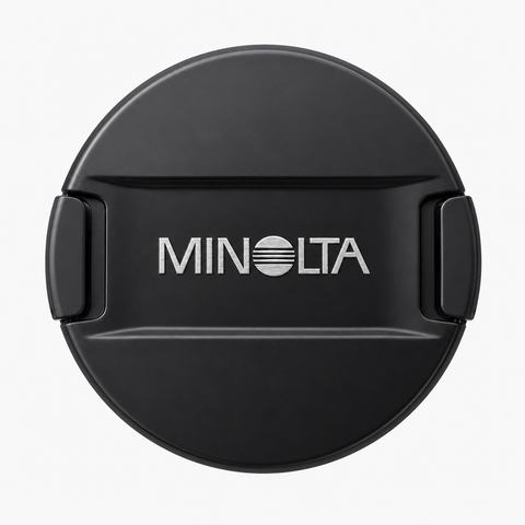 Minolta lensdop, zwart met zilver Minolta-logo op een brede middenbalk met klemmen