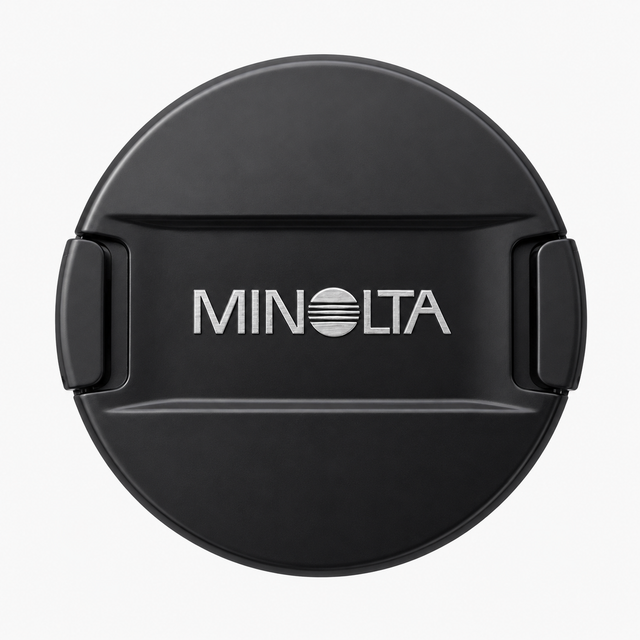 Minolta lensdop, zwart met zilver Minolta-logo op een brede middenbalk met klemmen