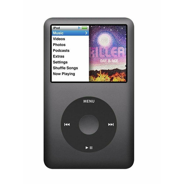 Apple iPod Classic 7 160GB, zwart, voorkant met menu op het scherm, tweedehands