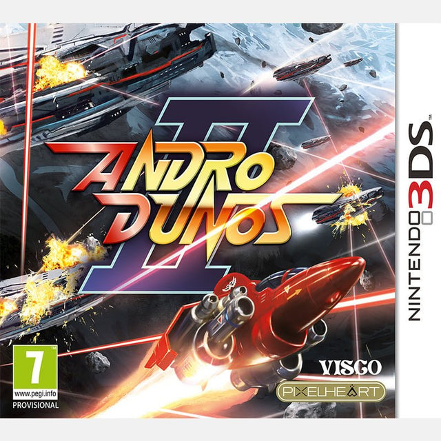 Nintendo 3DS Andro Dunos II van Visco, hoes met voorlopig PEGI-logo en een rood ruimteschip, tweedehands