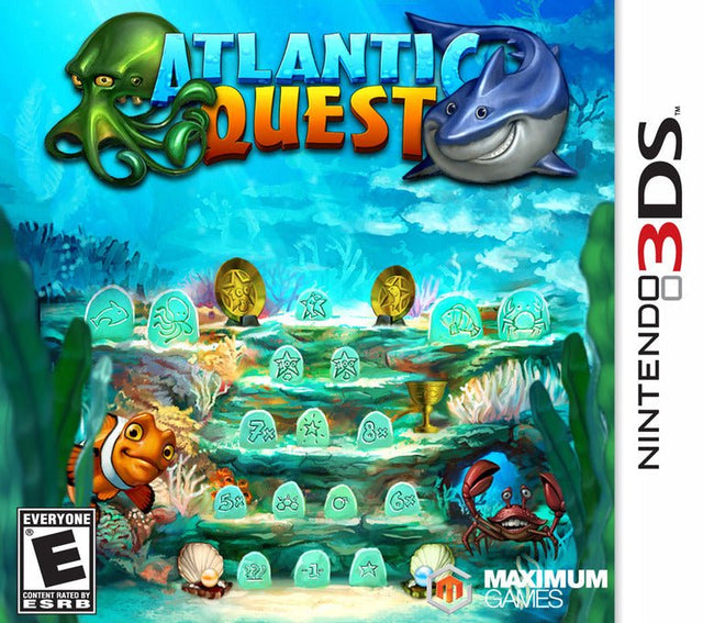 Nintendo 3DS Atlantic Quest, doos voorkant met octopus en haai, Amerikaanse ESRB-uitgave, tweedehands