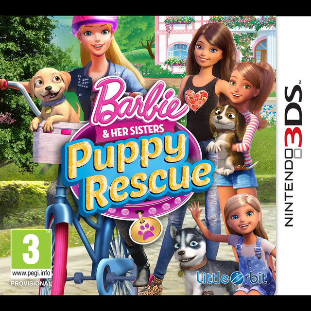 Nintendo 3DS Barbie and Her Sisters Puppy Rescue, voorlopige doos voorkant met Barbie, zusjes en puppy's, tweedehands