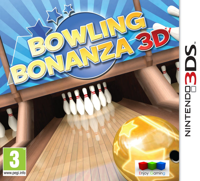 Nintendo 3DS Bowling Bonanza 3D, doos voorkant met bowlingbaan en kegels, tweedehands