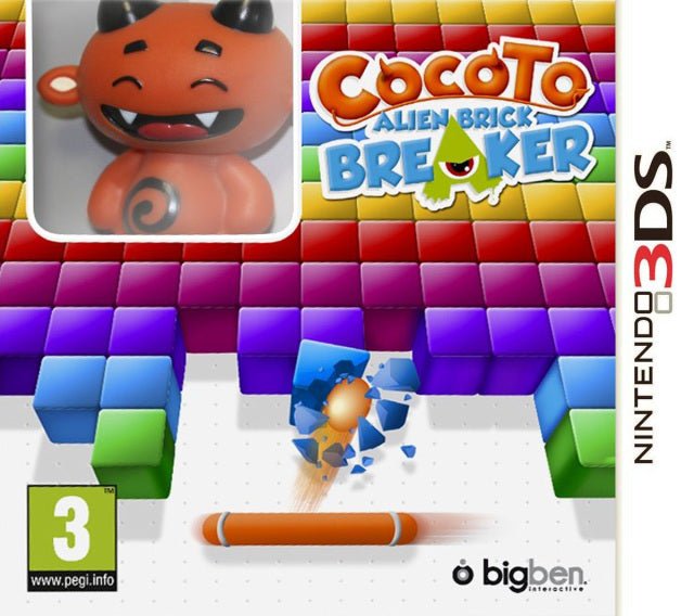 Nintendo 3DS Cocoto Alien Brick Breaker met figuur, doos voorkant met het oranje figuurtje in het venster