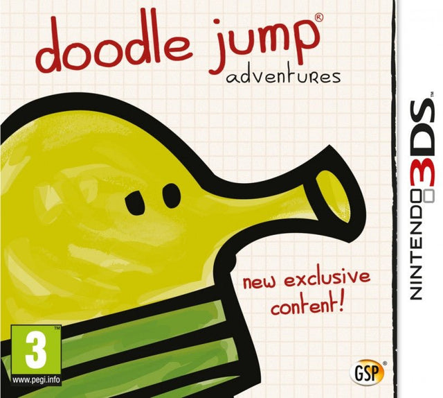 Nintendo 3DS Doodle Jump Adventures, doos voorkant met groen doodle-figuurtje, tweedehands