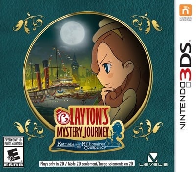 Nintendo 3DS Layton's Mystery Journey Katrielle and the Millionaires' Conspiracy, doos voorkant, Amerikaanse ESRB-uitgave