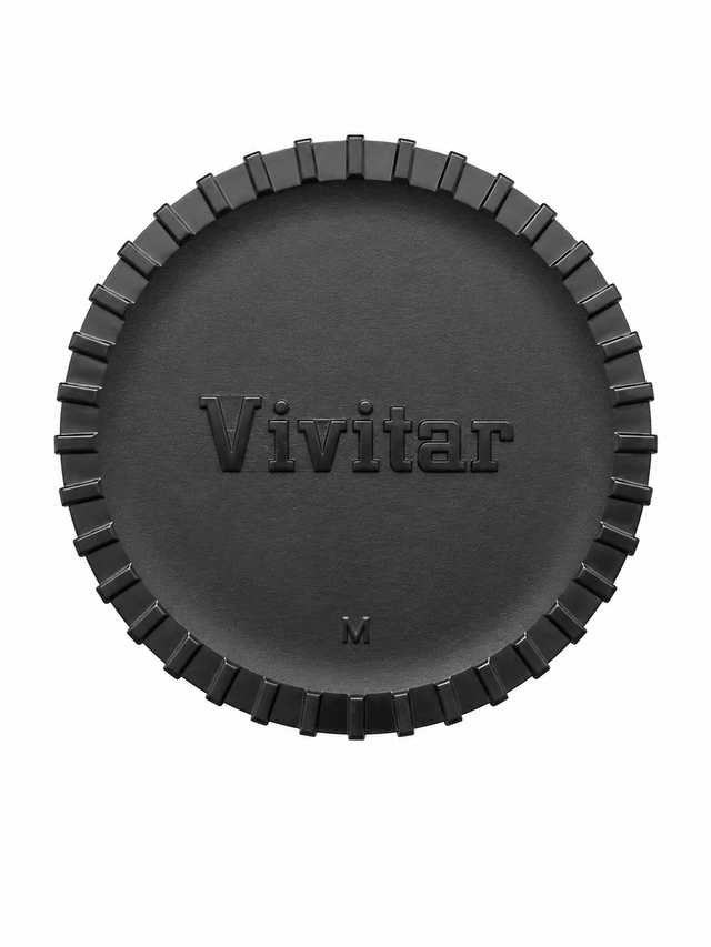 Vivitar MC/MD-mount body cap voor Minolta, zwart met ingeperst Vivitar-logo, opdruk M en getande rand, voorkant