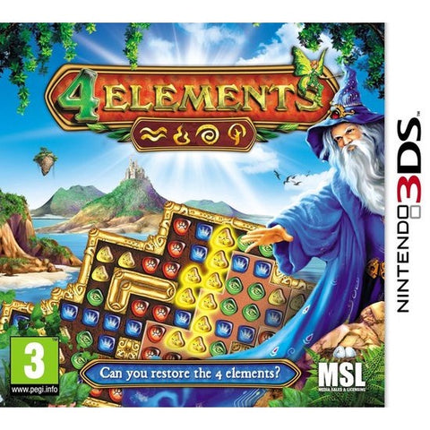 Nintendo 3DS 4 Elements, doos voorkant met een tovenaar en een puzzelbord met edelstenen