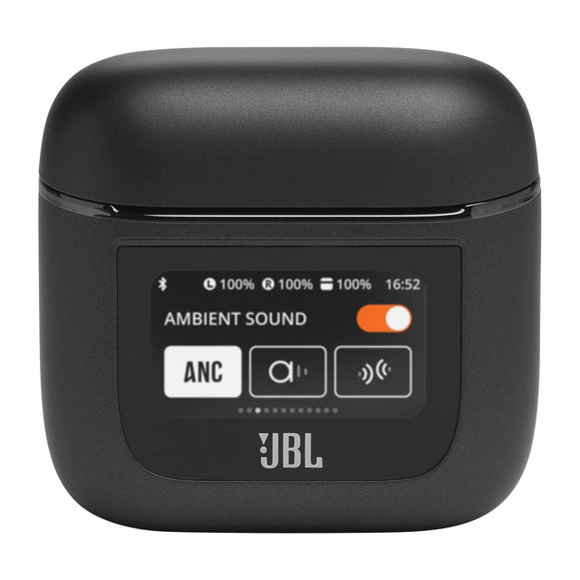 JBL Tour Pro 2 oplaadcase, zwart, gesloten case van voren met touchscreen
