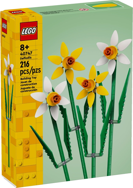LEGO Botanicals Narcissen 40747, doos voorkant met gele en witte narcissen