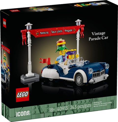 LEGO Icons Vintage Parade Car 40913, doos voorkant met de blauwe oldtimer