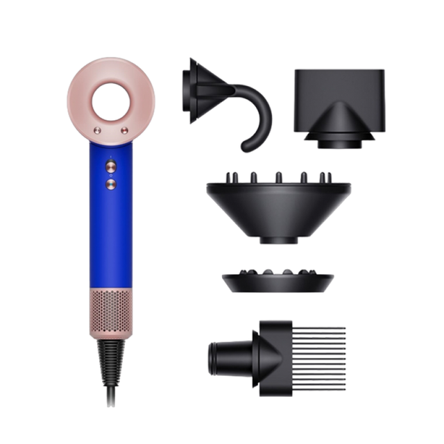 Dyson Supersonic föhn HD07, blue blush, overzicht met vijf opzetstukken