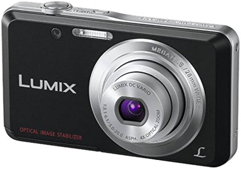 Panasonic Lumix DMC-FS28 digitale compactcamera, zwart, schuin vooraanzicht met Lumix DC Vario-lens, tweedehands