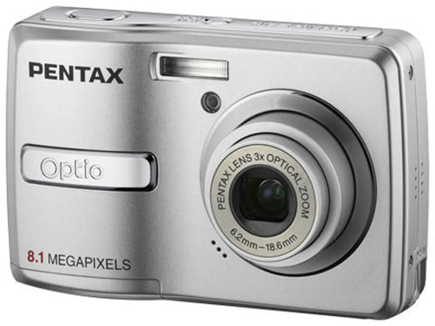 Pentax Optio E40 digitale compactcamera, zilver, schuin van voren met 3x zoomlens, tweedehands