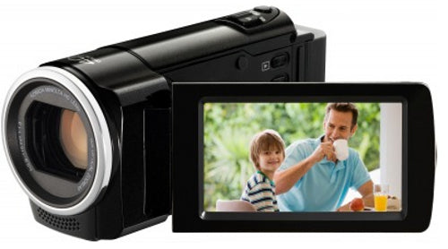 JVC Everio GZ-HM430BE videocamera, zwart, met uitgeklapt LCD-scherm en zilveren lensring