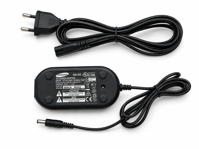 Samsung AA-E8 AC-adapter voor Samsung camcorder, zwart, voeding met typeplaatje, DC-kabel en stroomkabel, tweedehands