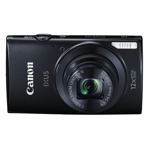 Canon IXUS 172 compactcamera, zwart, schuin van voren met 12x zoomlens, tweedehands