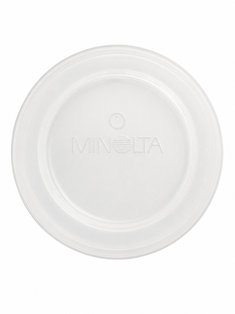 Minolta body cap, wit doorschijnend met ingeperst Minolta-logo, voorkant