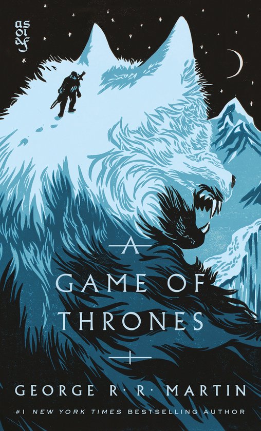 A Game of Thrones, George R.R. Martin, boekomslag voorkant met een blauwe wolf en een klimmer, tweedehands