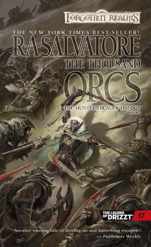 The Thousand Orcs, R.A. Salvatore, The Hunter's Blades Trilogy Book I, omslag met een strijder tussen orks, tweedehands