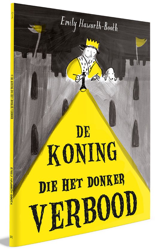 De koning die het donker verbood, Emily Haworth-Booth, grijze omslag met een koning en een gele lichtbundel, tweedehands