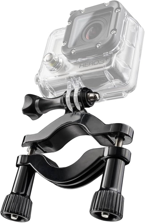 Stuurklem voor GoPro 22 tot 62 mm, zwart, buisklem met kogelkop en een grijs weergegeven GoPro erop, tweedehands