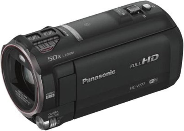 Panasonic HC-V777 Full HD videocamera, zwart, schuin vooraanzicht met HC-V777-opschrift