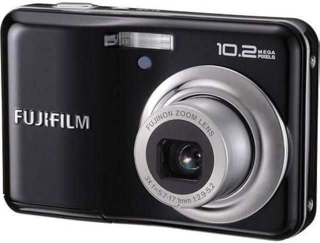Fujifilm FinePix A180 compactcamera, zwart, voorkant met 3x Fujinon-zoomlens en opschrift 10.2 megapixels, tweedehands