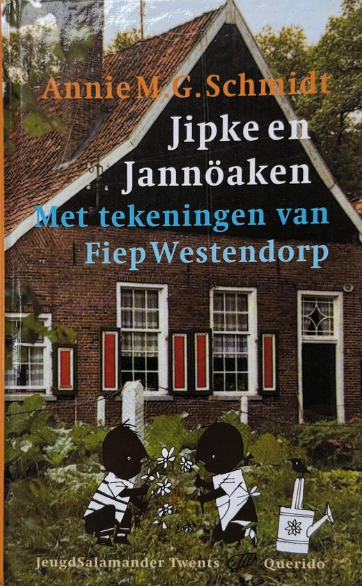 Jipke en Jannöaken, Annie M.G. Schmidt, boekomslag voorkant met twee kinderen bij een huis, tweedehands