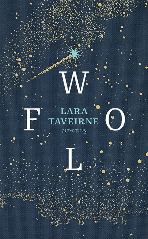 Wolf, Lara Taveirne, Prometheus donkerblauwe boekomslag voorkant met gouden sterrenhemel, tweedehands