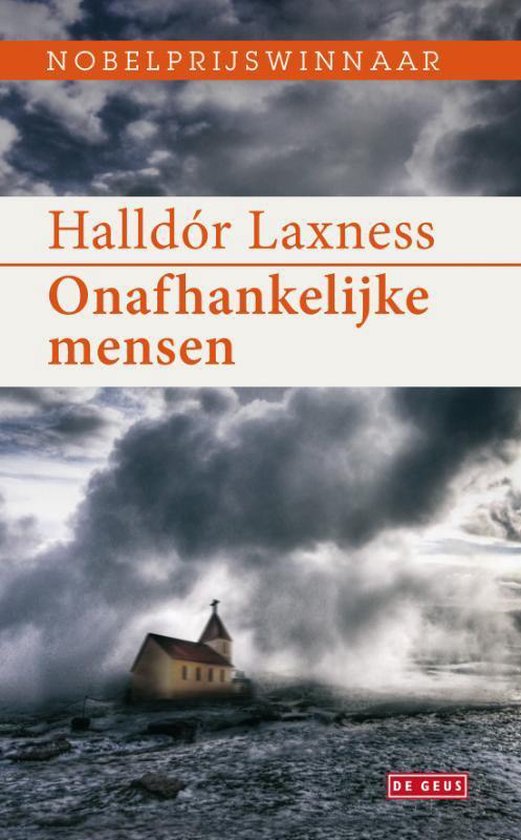 Onafhankelijke mensen, Halldór Laxness, boekomslag voorkant met een kerkje in een stormachtig landschap, tweedehands