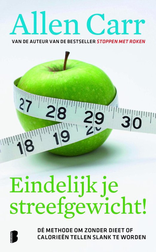 Eindelijk je streefgewicht, Allen Carr, omslag met een groene appel en een meetlint, tweedehands